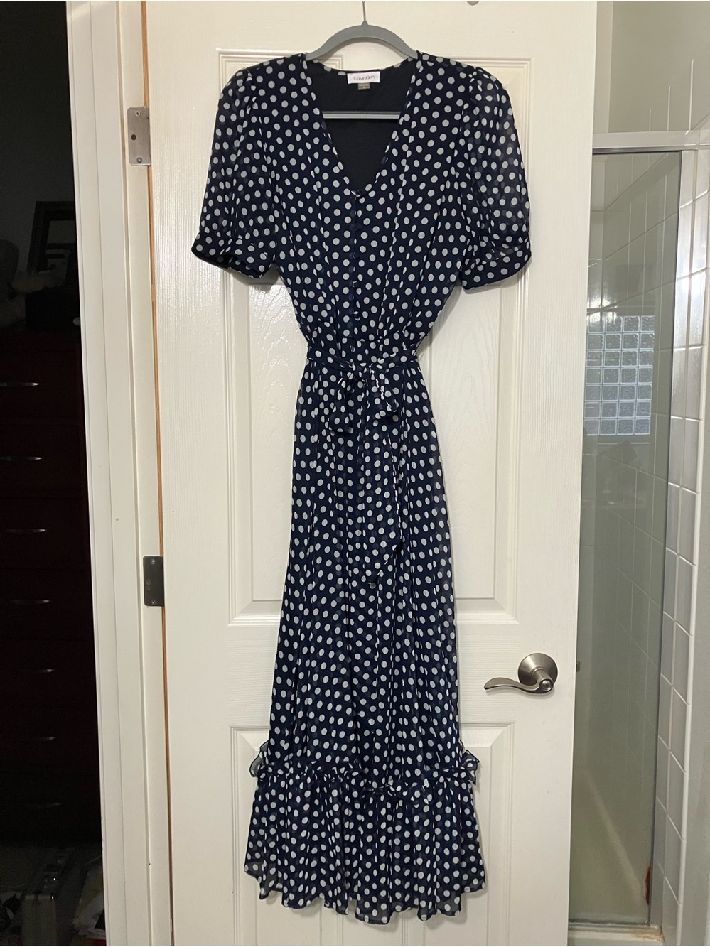 Calvin Klein Navy and White Polka Dot Maxi Wrap Dress - Picture 1 of 3